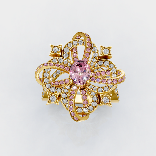 Isabella - Intricate Ribbon & Star Light Pink Spinel Statement Ring in 18K Gold