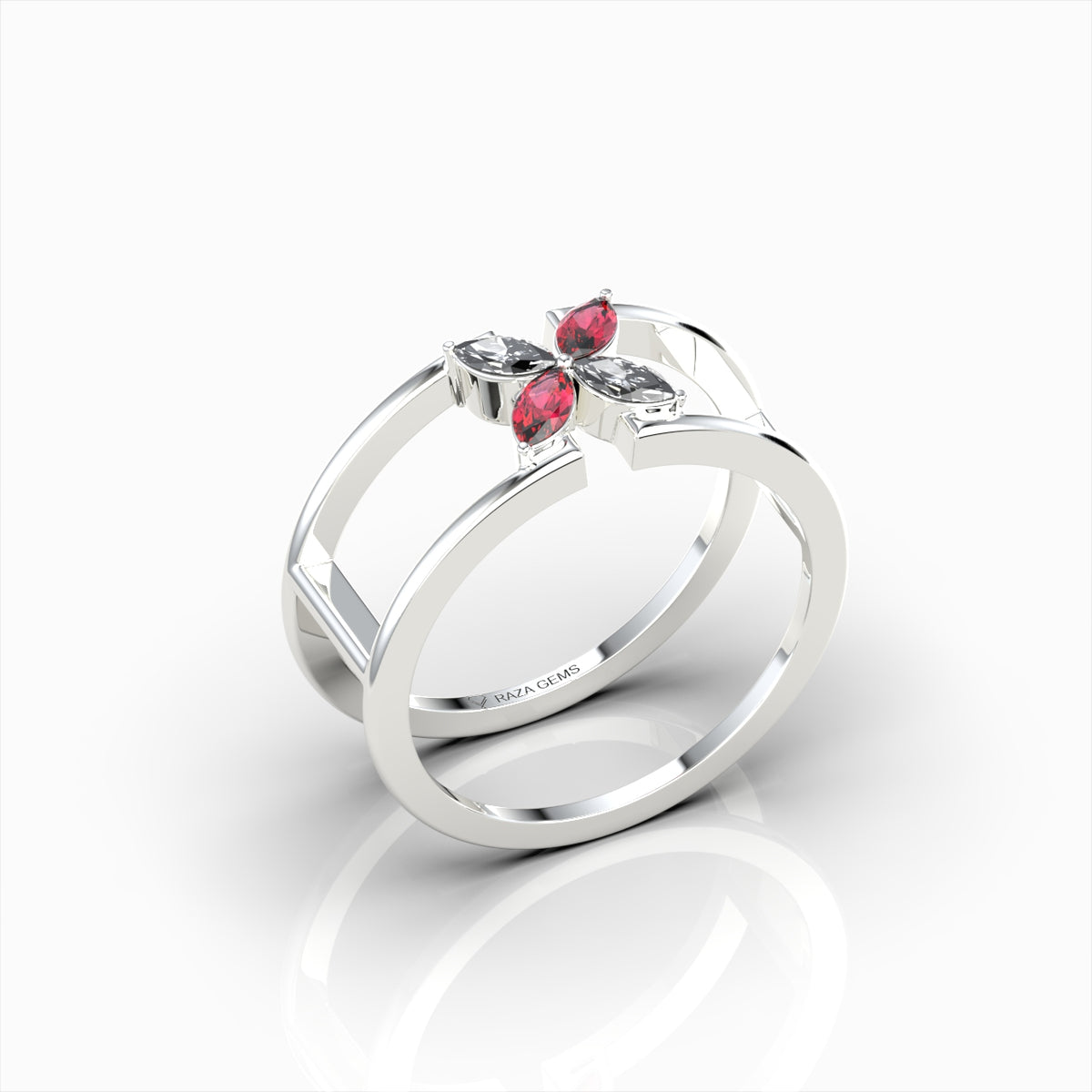 Ottilie - Open Double Band Ruby & Moissanite Blossom Ring in 18K Solid