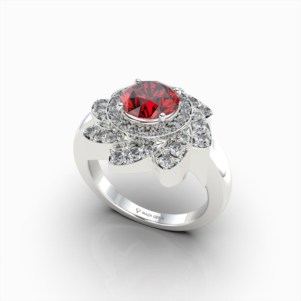 Rosie - 18K Gold Floral Lotus Ruby Ring with Moissanite Halo | Available in Yellow, White & Rose Gold