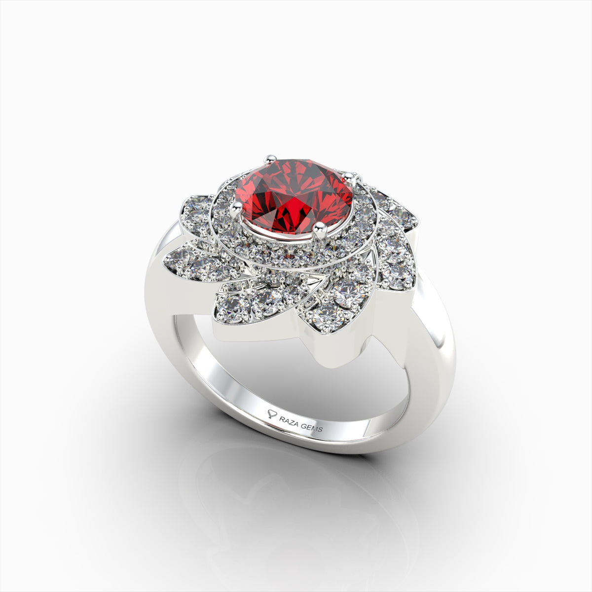 Rosie - 18K Gold Floral Lotus Ruby Ring with Moissanite Halo | Available in Yellow, White & Rose Gold