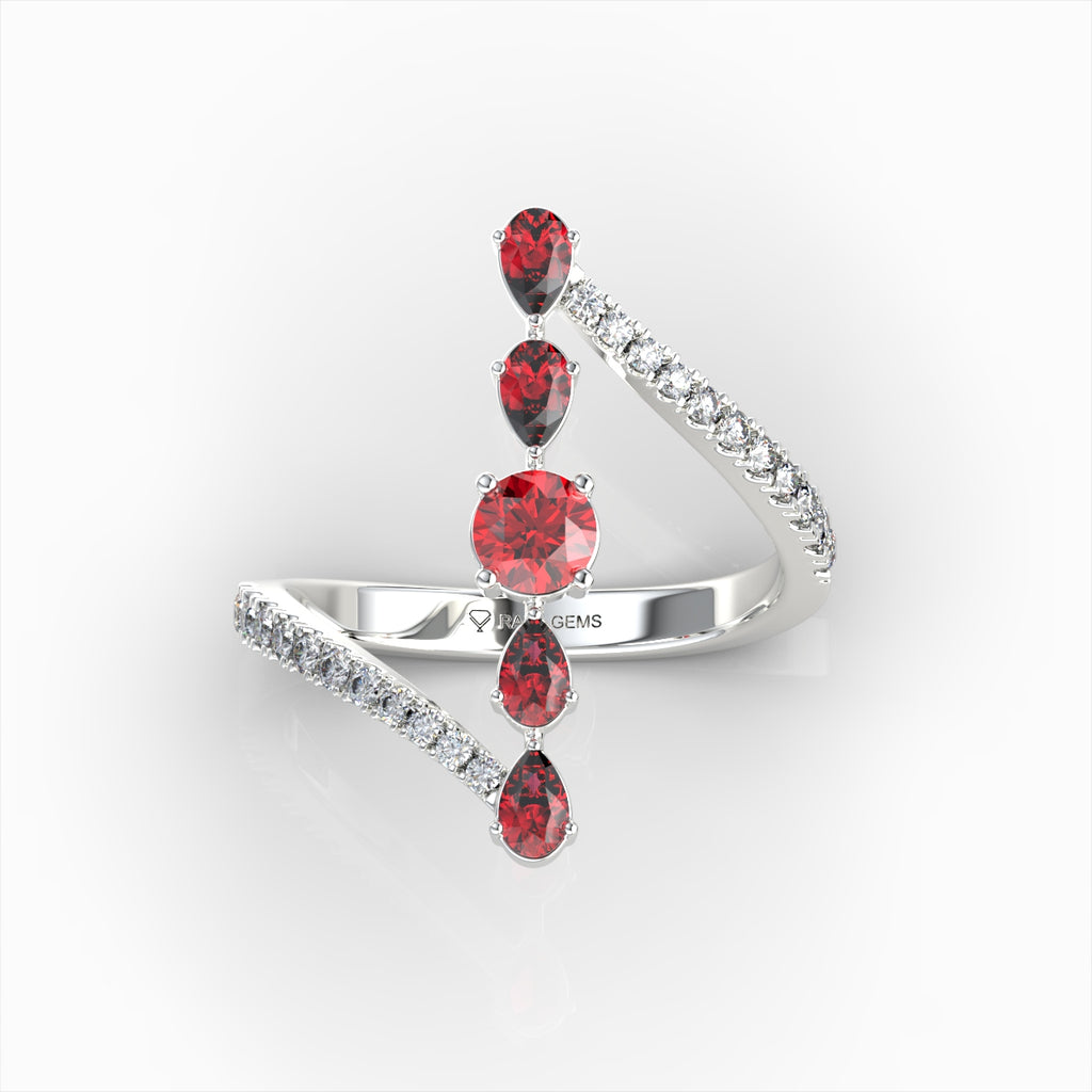 Mia - Modern Pear & Round Ruby Cascade Ring in 18K Solid Gold with Moissanite Accents