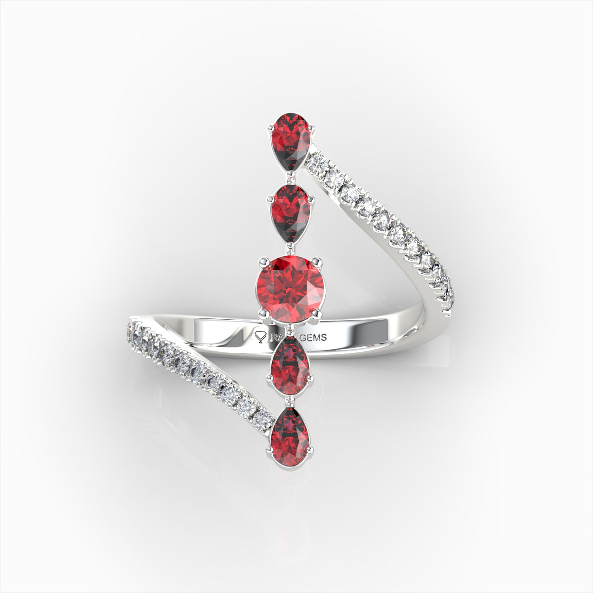 Mia - Modern Pear & Round Ruby Cascade Ring in 18K Solid Gold with Moissanite Accents