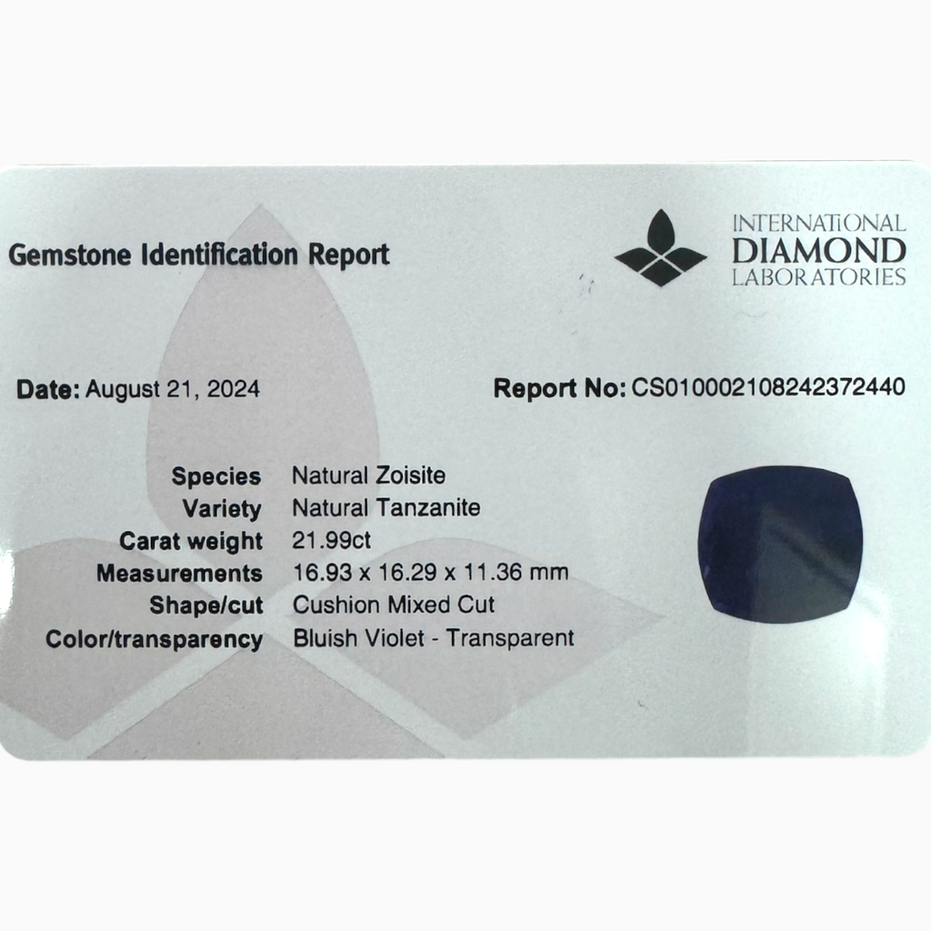 Natural Tanzanite Stone in Cushion Shape 21.99 Carats Size 16.93X16.29mm