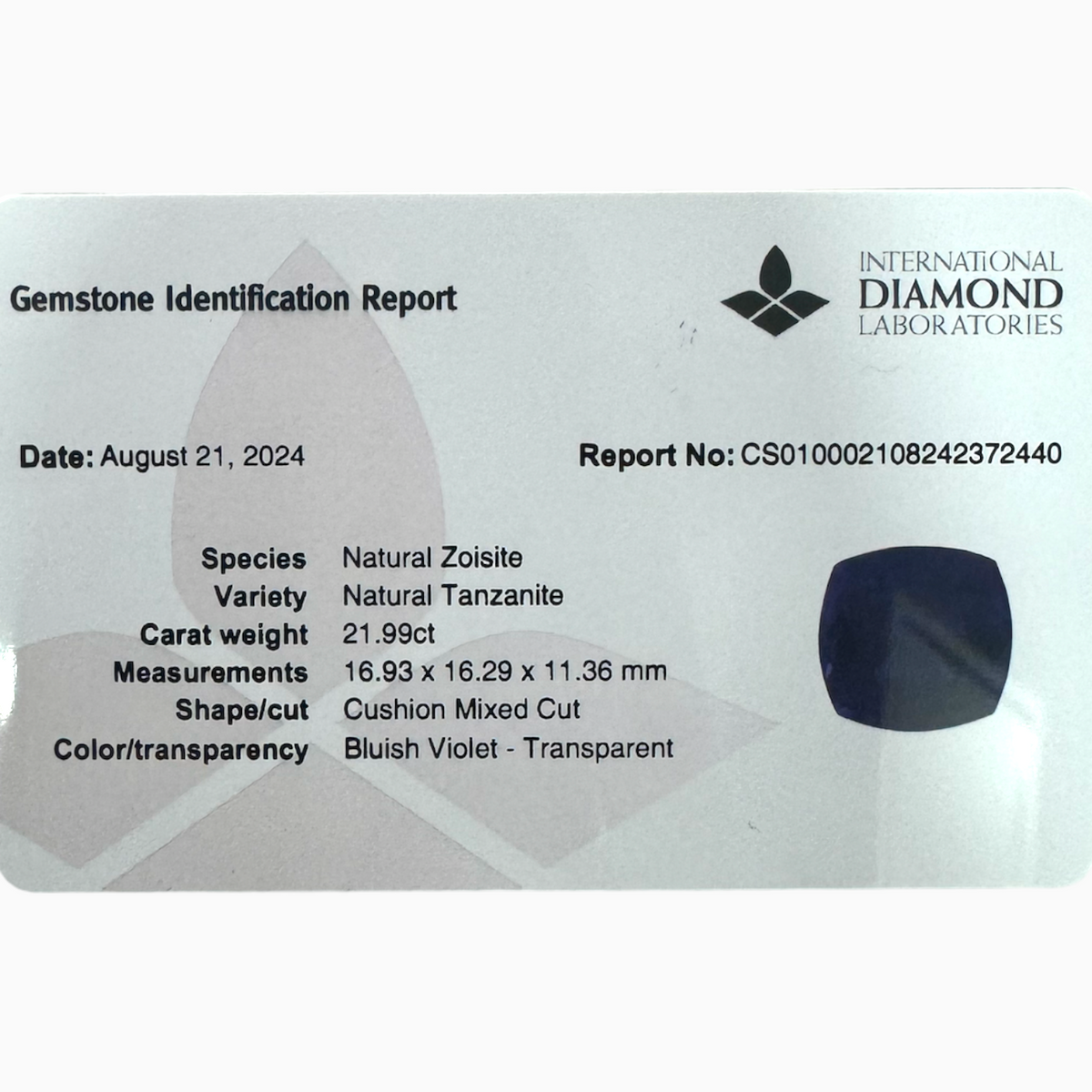 Natural Tanzanite Stone in Cushion Shape 21.99 Carats Size 16.93X16.29mm
