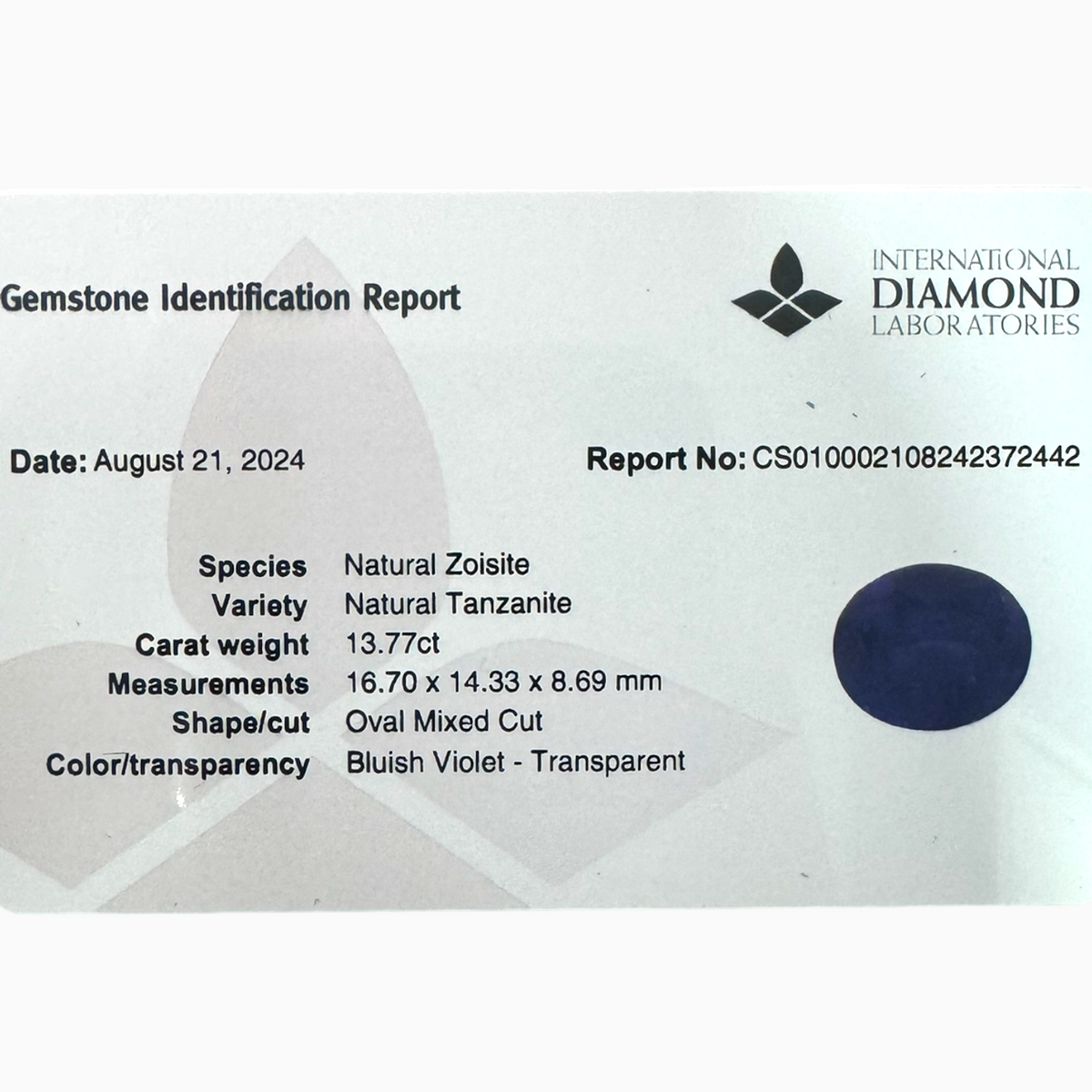 Natural Tanzanite Stone in Oval Shape Oval 13.77 Carats Size 16.7X14.33mm