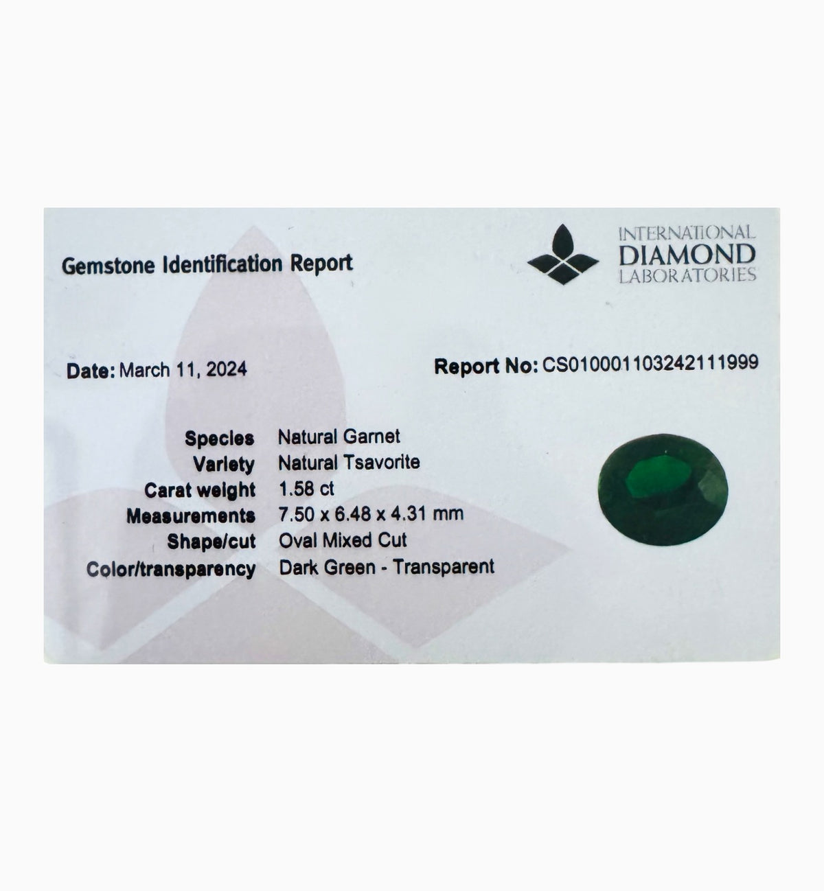 Tsavorite Garnet Stone 1.58 Carats Oval Cut