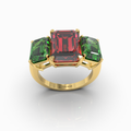 Candice - Three-Stone Crimson Ruby & Emerald-Green Moissanite Statement Ring in 18K Gold