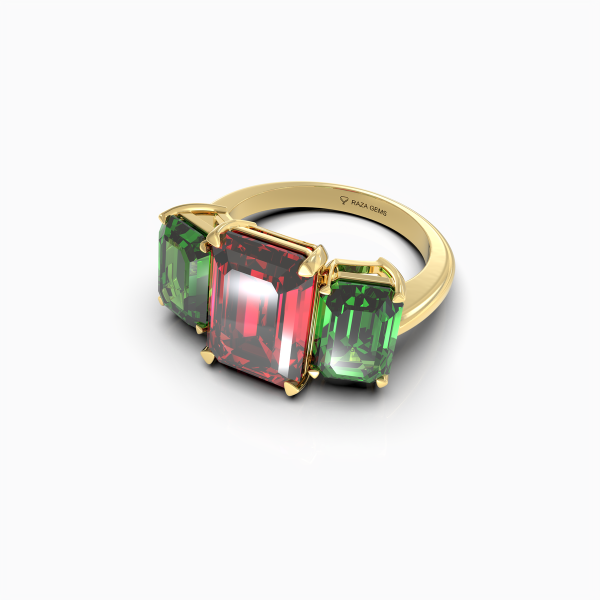 Candice - Three-Stone Crimson Ruby & Emerald-Green Moissanite Statement Ring in 18K Gold