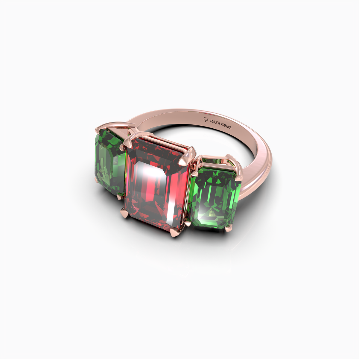 Candice - Three-Stone Crimson Ruby & Emerald-Green Moissanite Statement Ring in 18K Gold