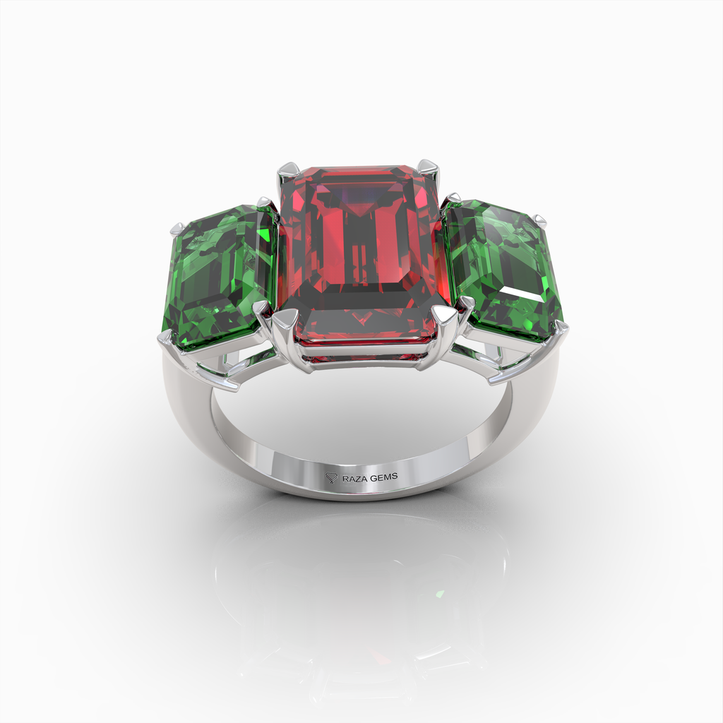 Candice - Three-Stone Crimson Ruby & Emerald-Green Moissanite Statement Ring in 18K Gold