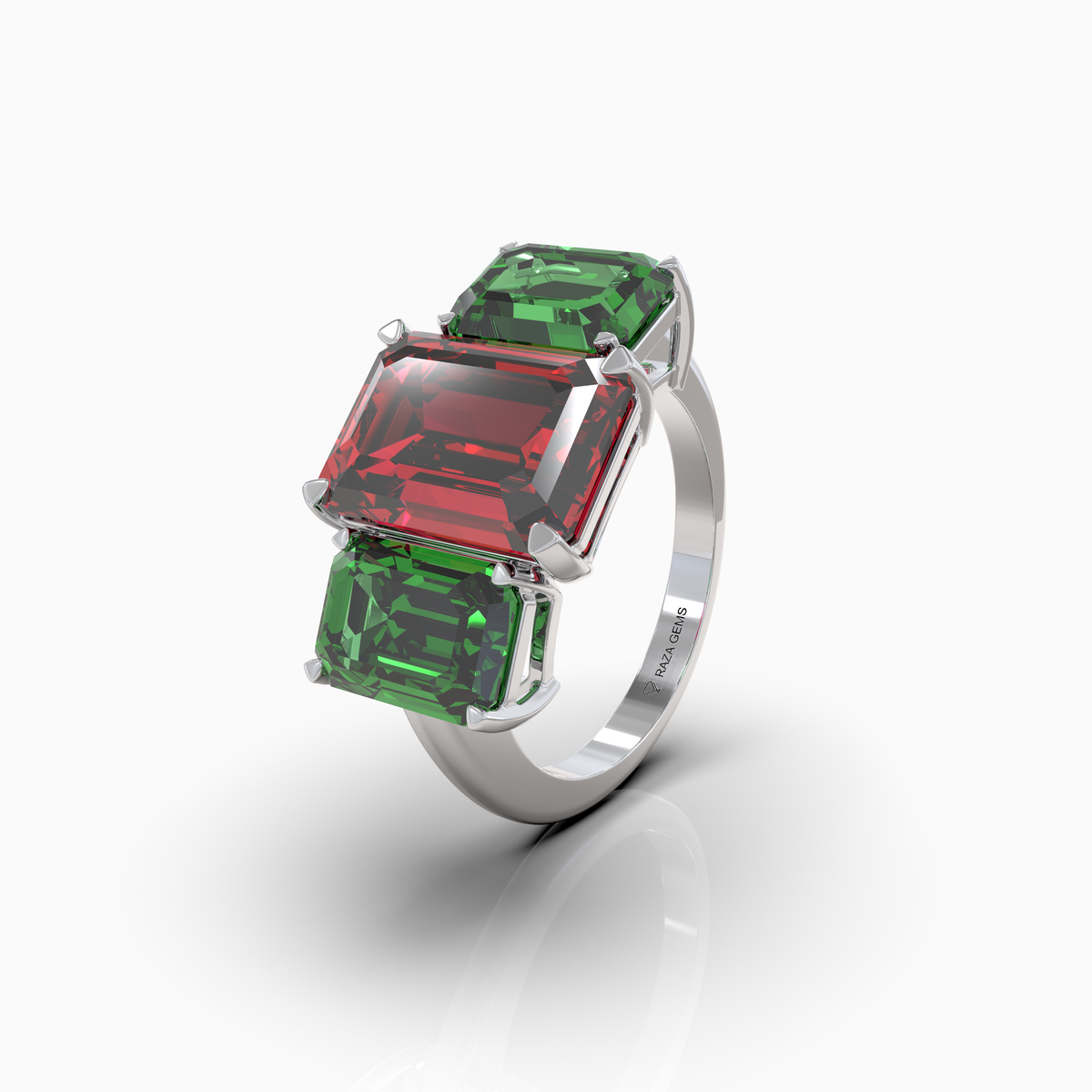 Candice - Three-Stone Crimson Ruby & Emerald-Green Moissanite Statement Ring in 18K Gold