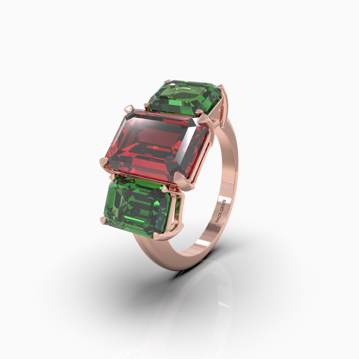 Candice - Three-Stone Crimson Ruby & Emerald-Green Moissanite Statement Ring in 18K Gold