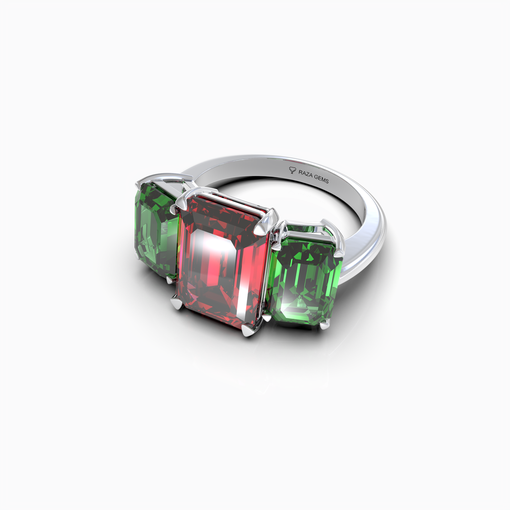 Candice - Three-Stone Crimson Ruby & Emerald-Green Moissanite Statement Ring in 18K Gold
