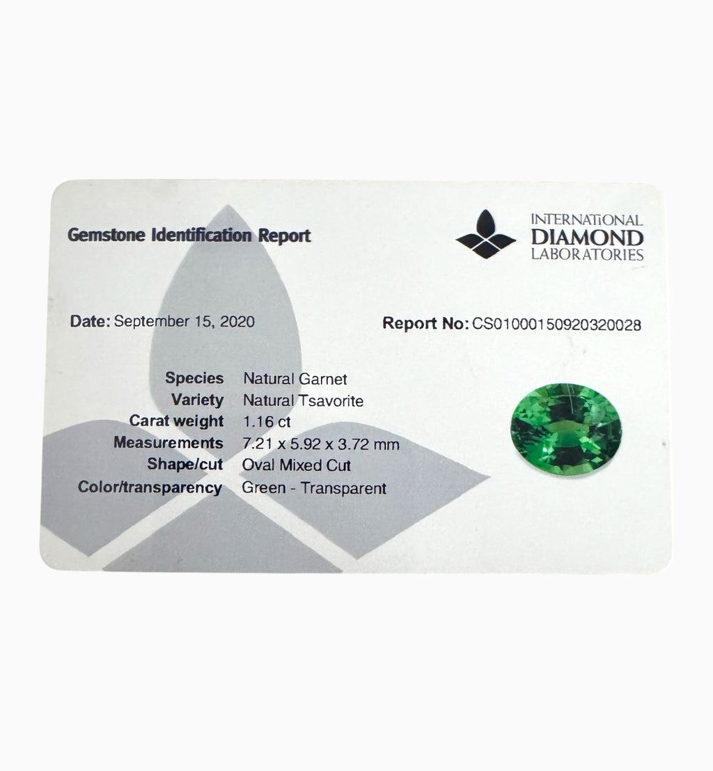 Tsavorite Garnet stone 1.16 Carats Oval Cut IDL Certified