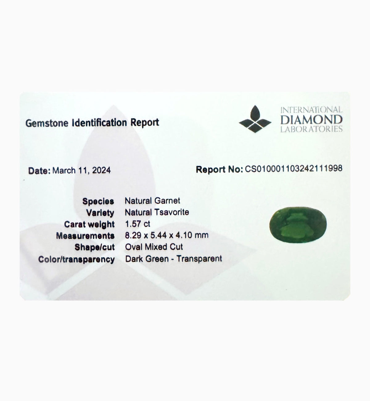 Tsavorite Stone 1.57 Carats Oval Cut ,8.29 x 5.44 x 4.10 mm-IDL Certified
