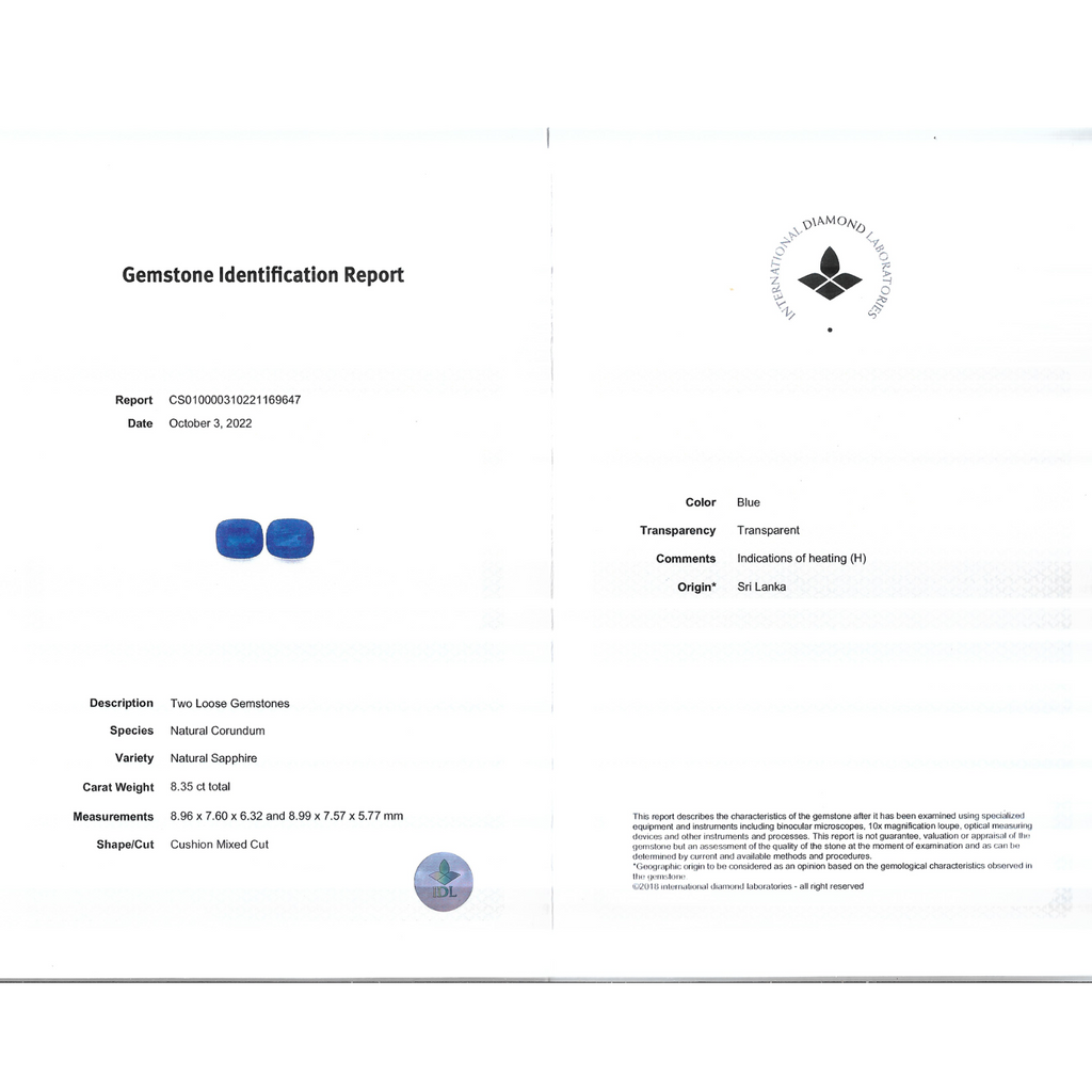 Natural Blue Sapphire Cushion Shape Pair 8.35 Carats From Srilanka IDL Certified