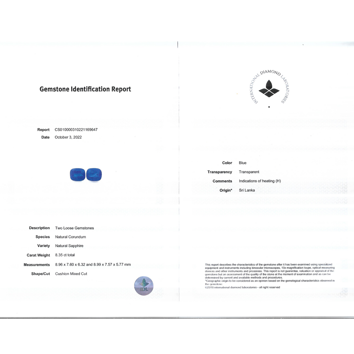 Natural Blue Sapphire Cushion Shape Pair 8.35 Carats From Srilanka IDL Certified