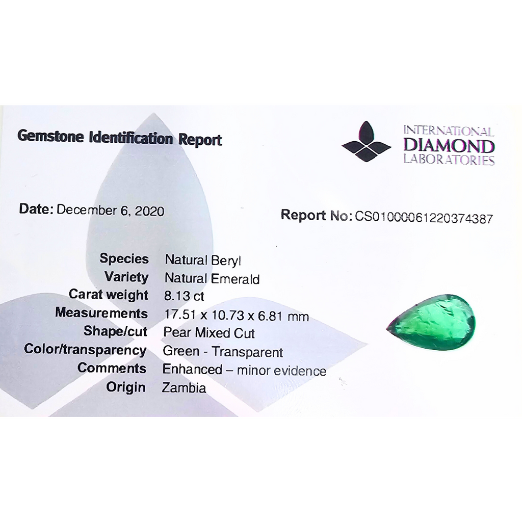 Natural Zambian Emerald Stone 8.13 Carats Pear Cut 17.51 x 10.73 x 6.81 mm