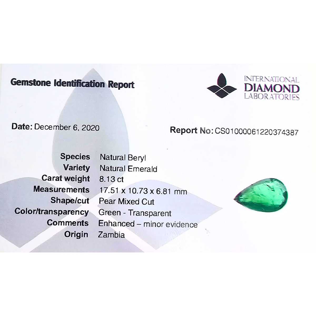 Natural Zambian Emerald Stone 8.13 Carats Pear Cut 17.51 x 10.73 x 6.81 mm