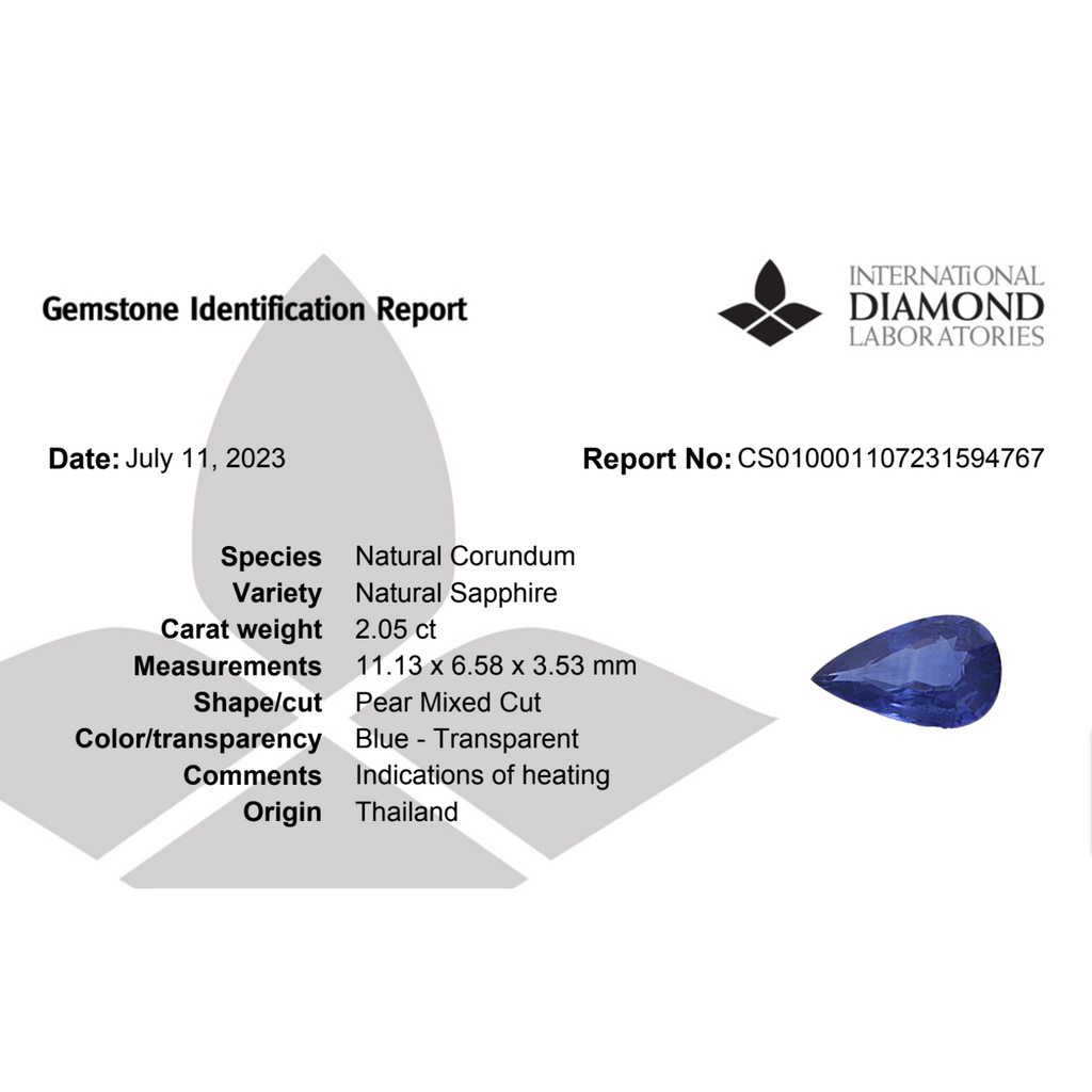 Natural Blue Sapphire Stone 2.05 Carats Pear Shape