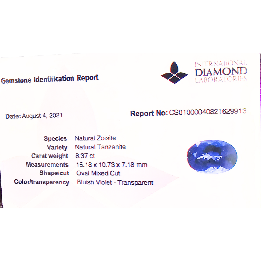 Natural Blue Tanzanite Stone 8.37 Carats Oval Cut (15.18 x 10.73 x 7.18 mm)