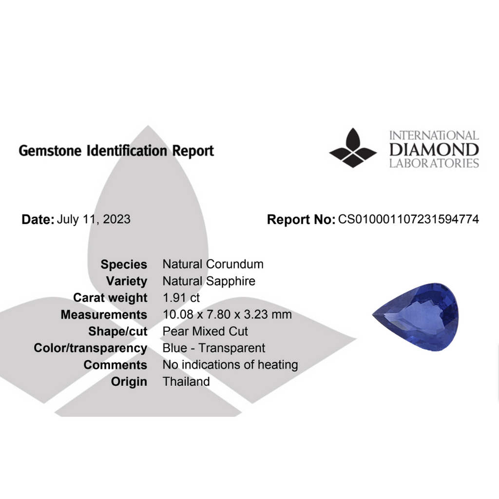 Natural Blue Sapphire Stone 1.91 Carats Pear Shape