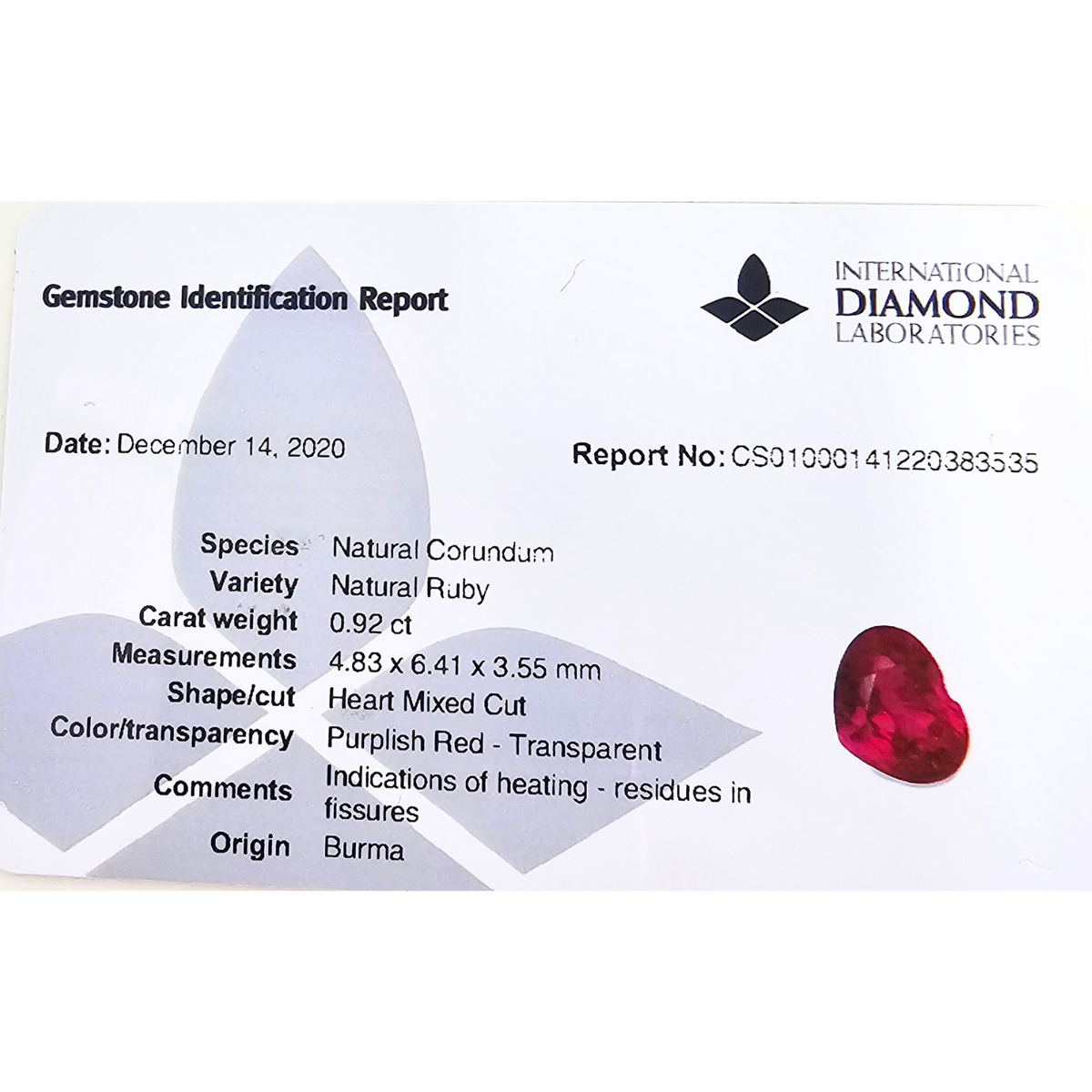 Natural Burmese Ruby Manik Stone 0.92 Carats Heart Shape 4.83 x 6.41 x 3.55 mm