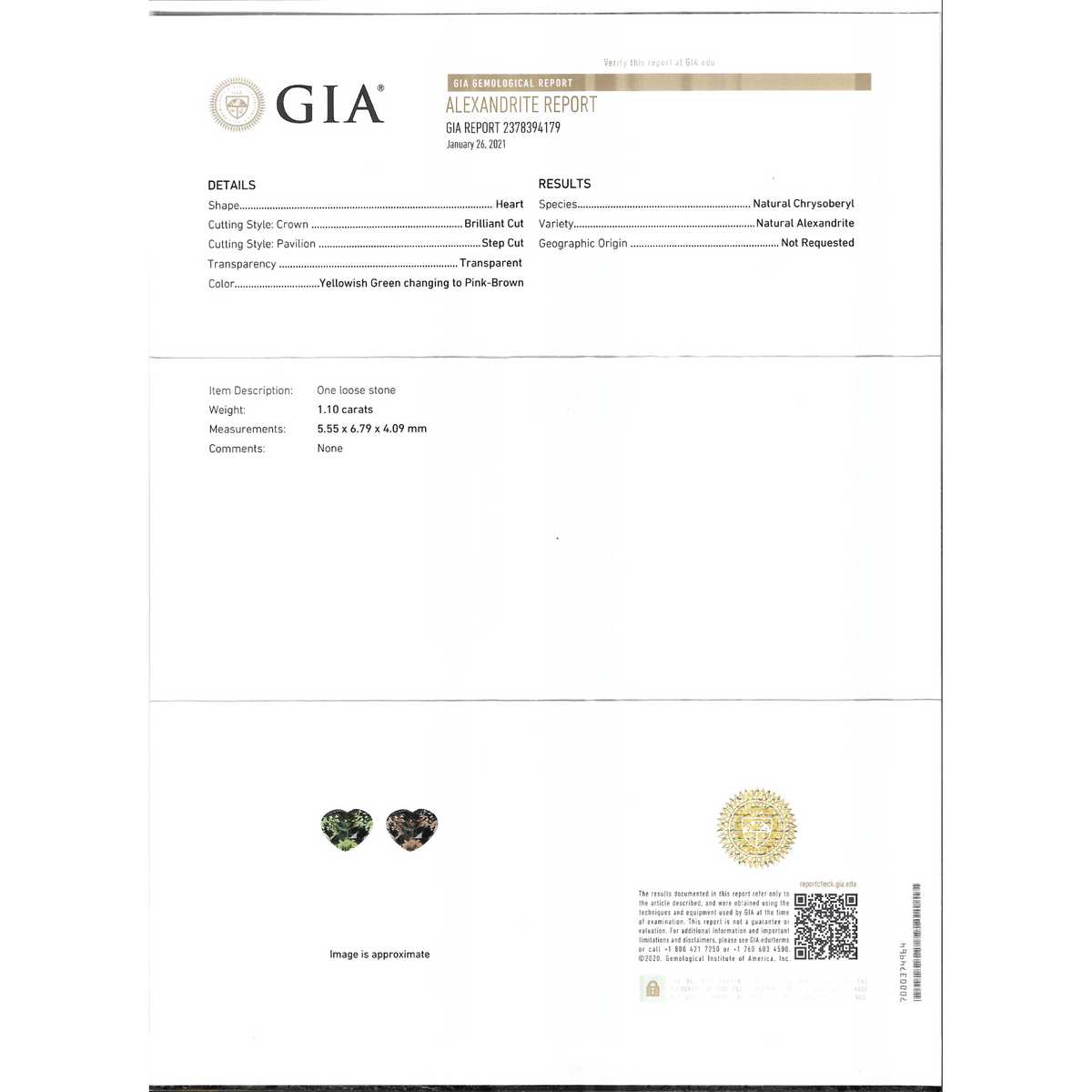 Natural Alexandrite Stone 1.10 Carats Heart Shape