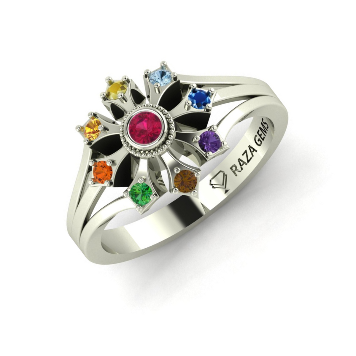 Navratna Stones Ring for Women in White 18K Gold for Sale