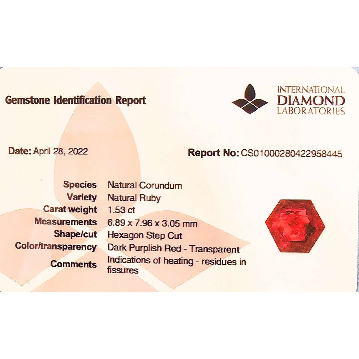Natural Mozambique Ruby Manik Stone 1.53 Carats Hexagon Shape