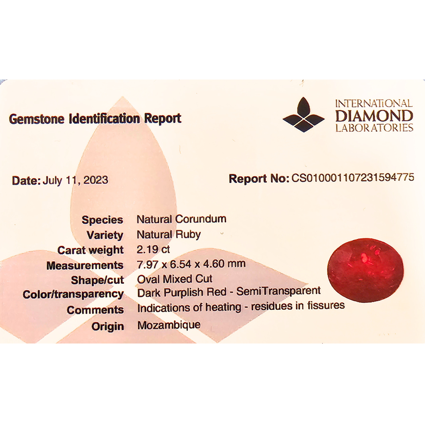 Natural Mozambique Ruby Manik Stone 2.19 Carats Oval Shape