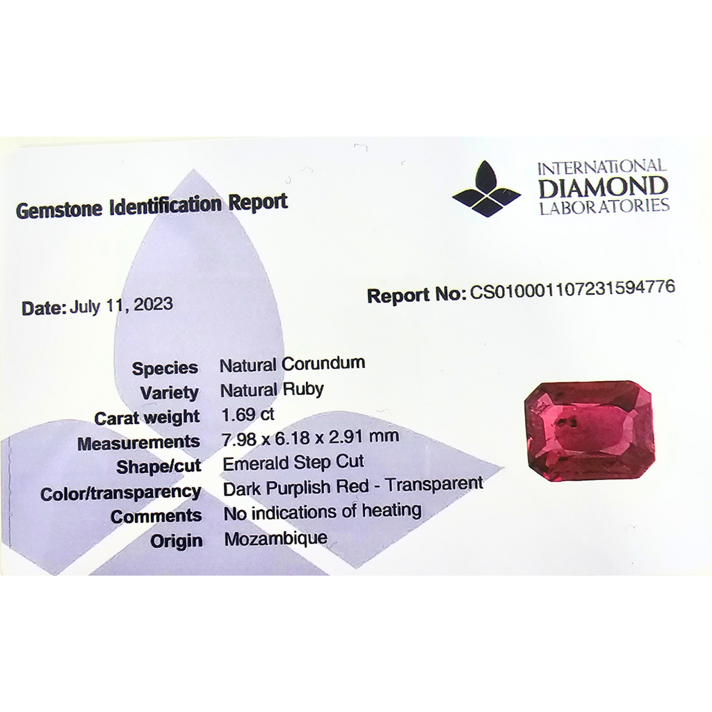 Natural Mozambique Ruby Manik Stone 1.69 Carats Emerald Cut Shape