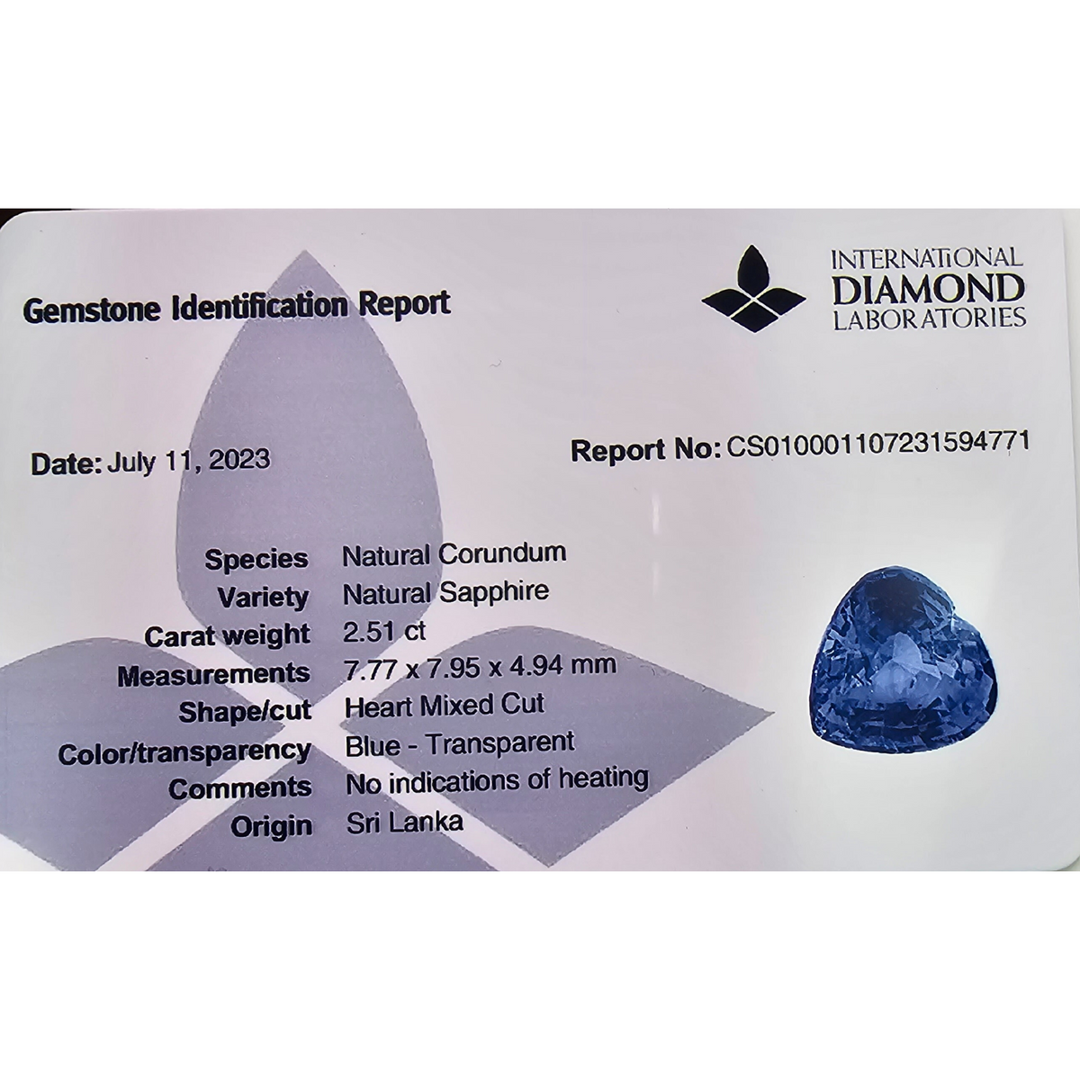 Natural Blue Sapphire Stone 2.51 Carats Heart Cut