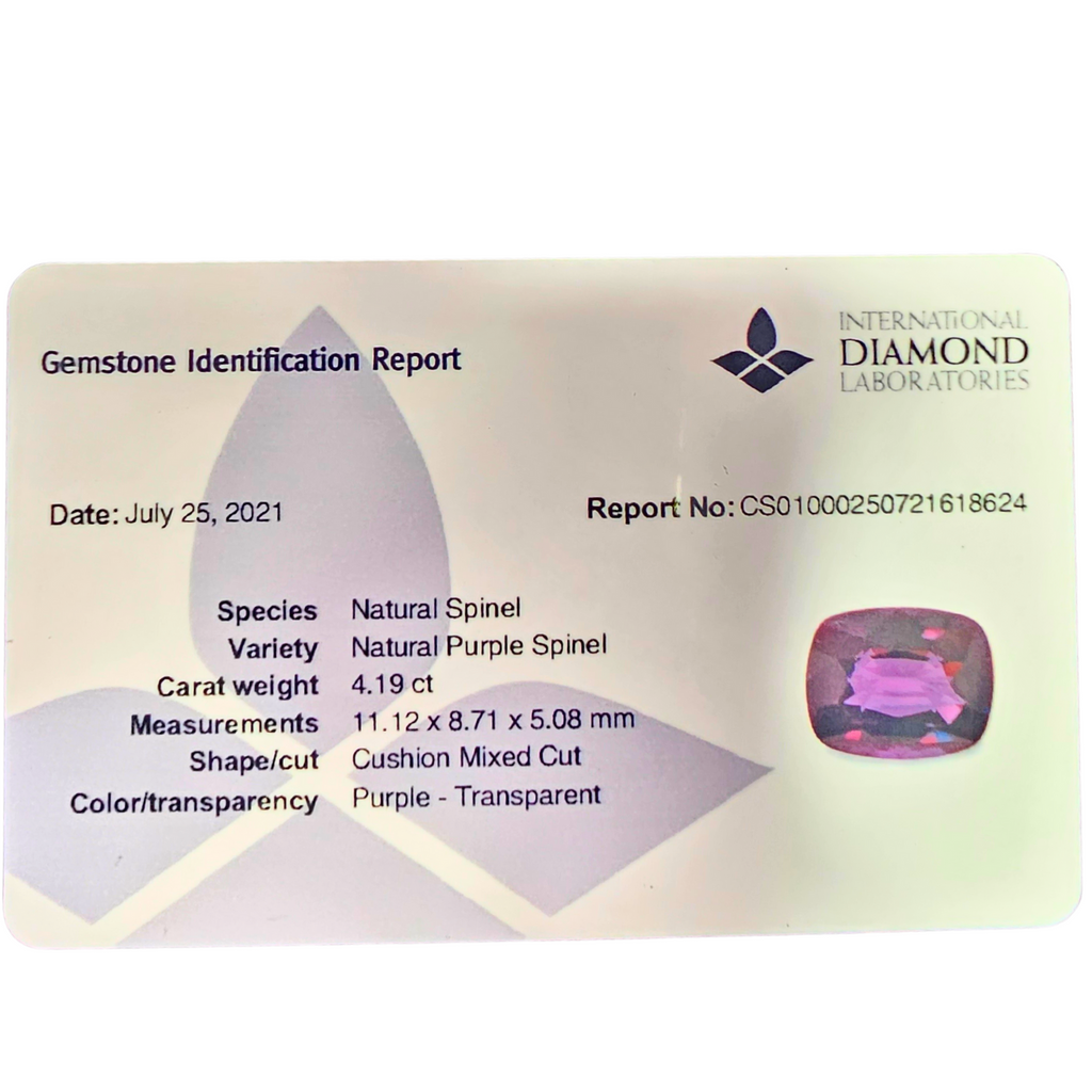 Natural Purple Spinel Stone 4.19 Carats Cushion Shape (11.12 x 8.71 x 5.08 mm)