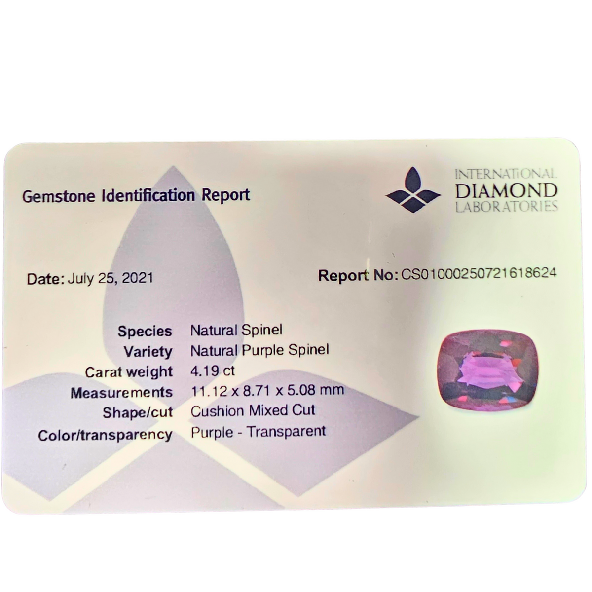 Natural Purple Spinel Stone 4.19 Carats Cushion Shape (11.12 x 8.71 x 5.08 mm)