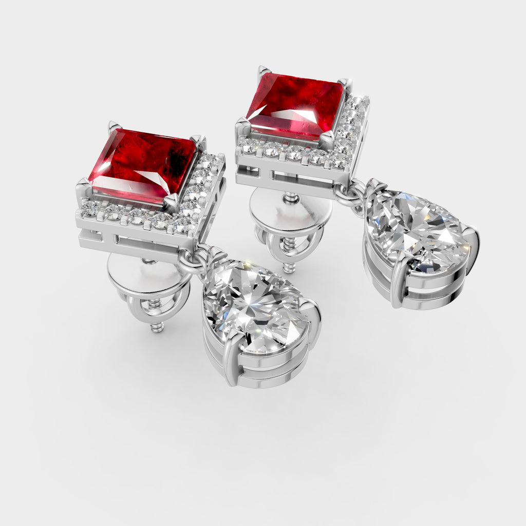 Garnet Earrings for Women – Square Shape with Moissanite in 18K Gold