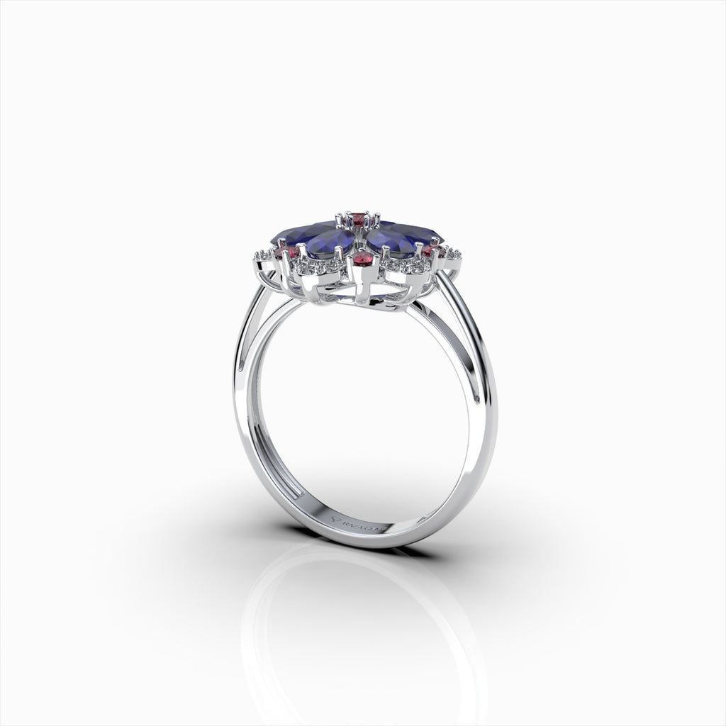 Darcie - Blue Sapphire, Ruby & Moissanite Floral Ring in 18K Gold