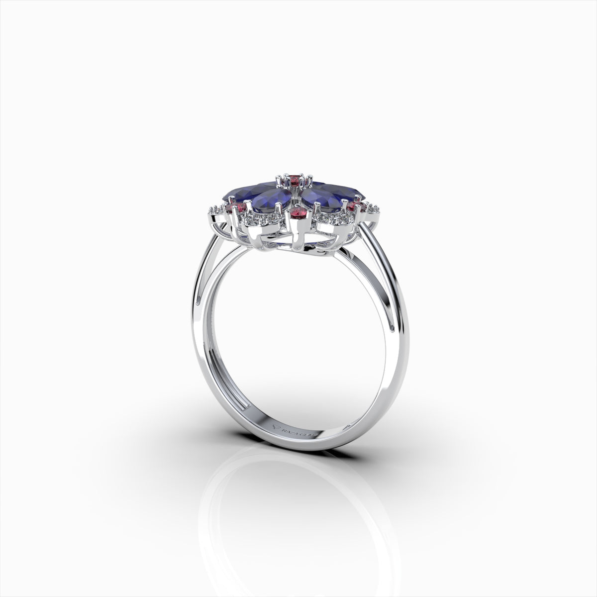 Darcie - Blue Sapphire, Ruby & Moissanite Floral Ring in 18K Gold