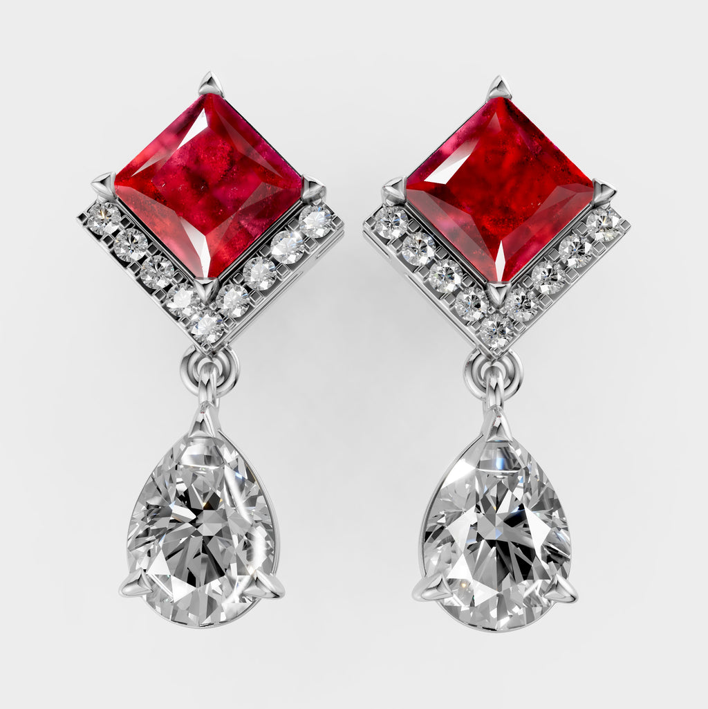 Garnet Earrings for Women – Square Shape with Moissanite in 18K Gold