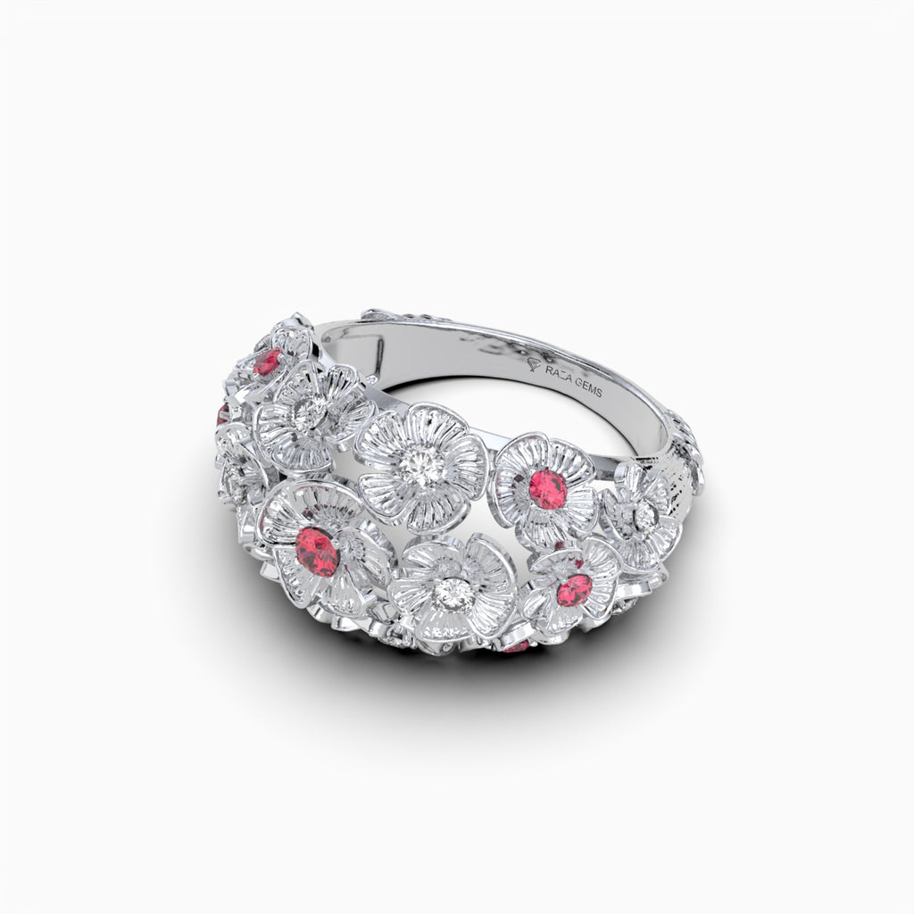 Maddison -  Rose Floral Bouquet Ruby & Moissanite Statement Ring in 18K Gold