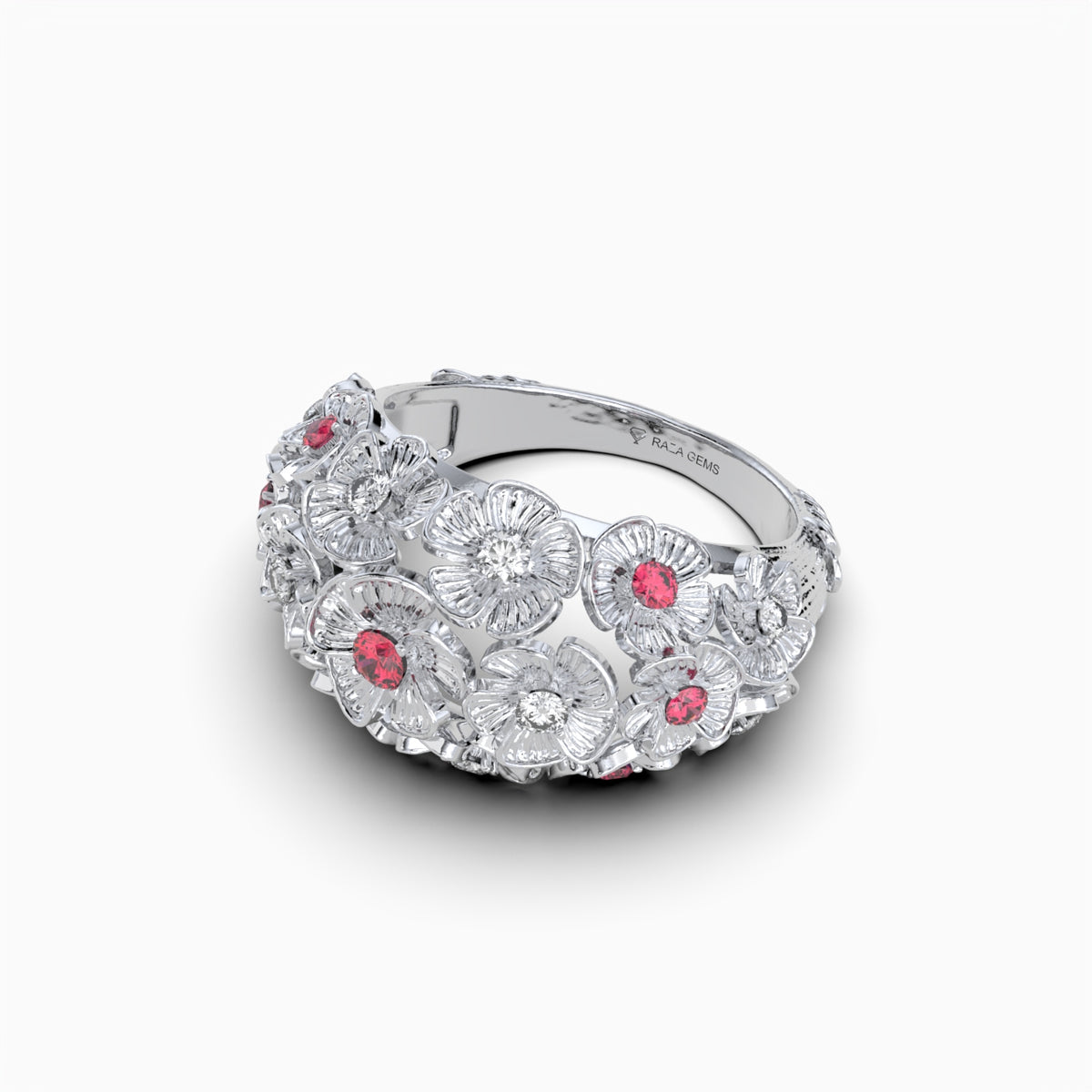 Maddison -  Rose Floral Bouquet Ruby & Moissanite Statement Ring in 18K Gold