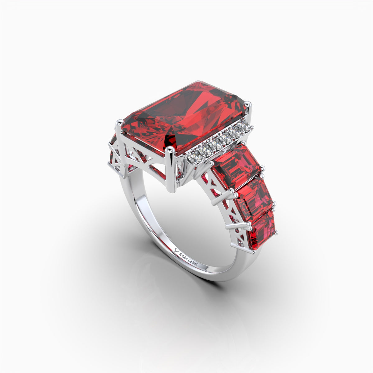 Emma  - Emerald Cut Ruby & Moissanite Graduated Statement Ring in 18K Gold