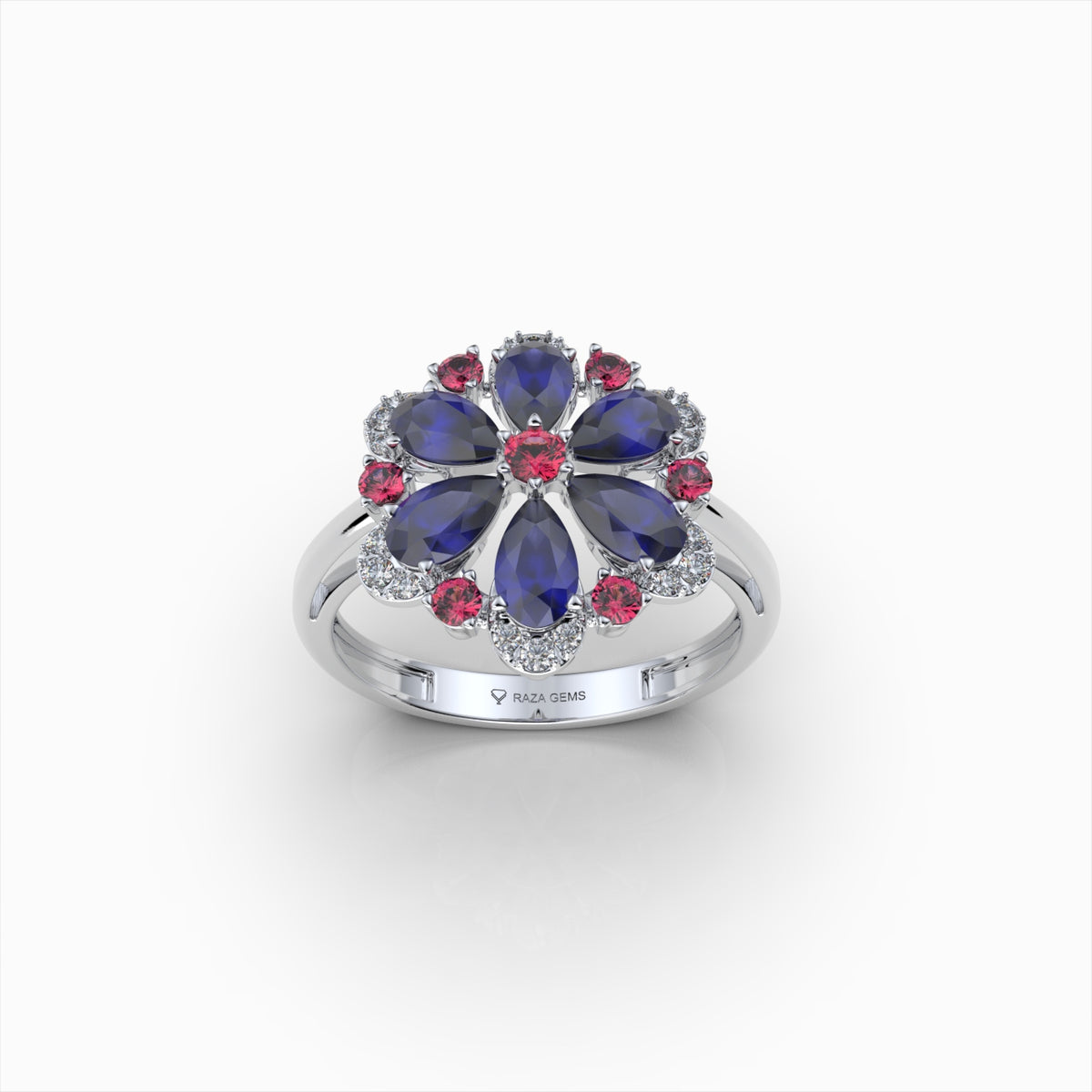Darcie - Blue Sapphire, Ruby & Moissanite Floral Ring in 18K Gold