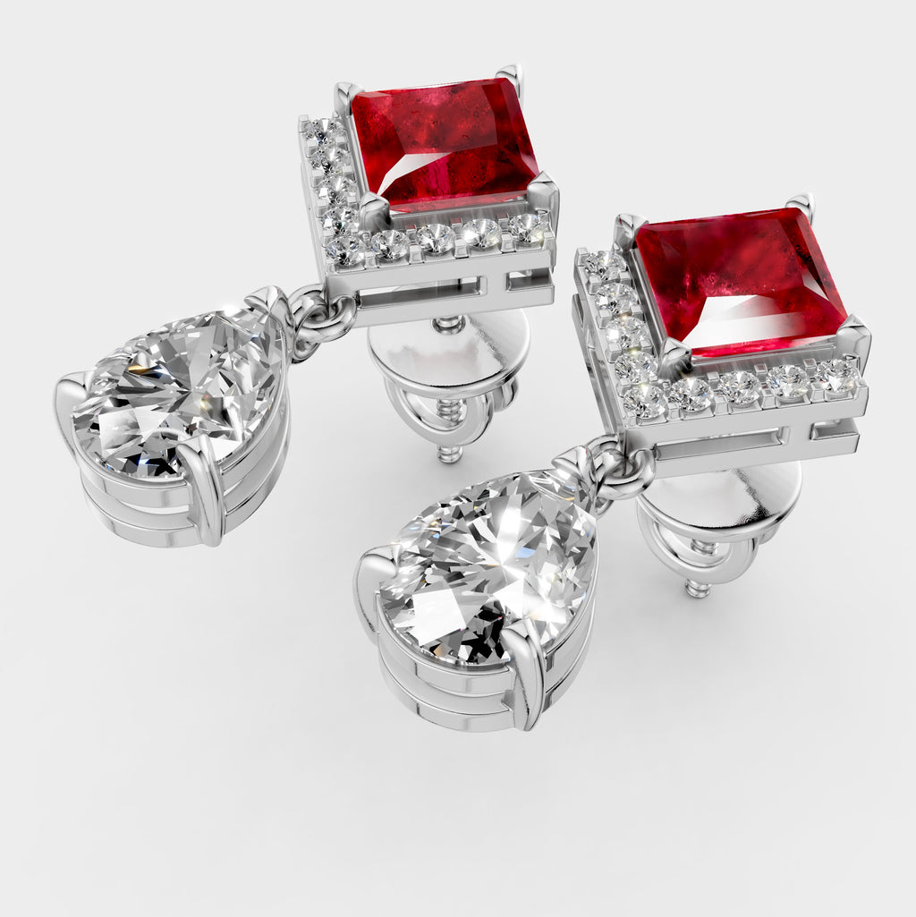 Garnet Earrings for Women – Square Shape with Moissanite in 18K Gold