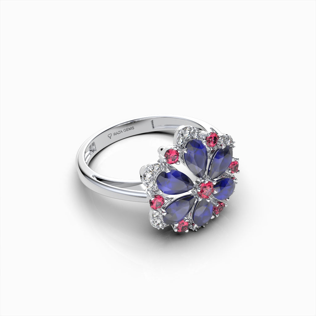 Darcie - Blue Sapphire, Ruby & Moissanite Floral Ring in 18K Gold