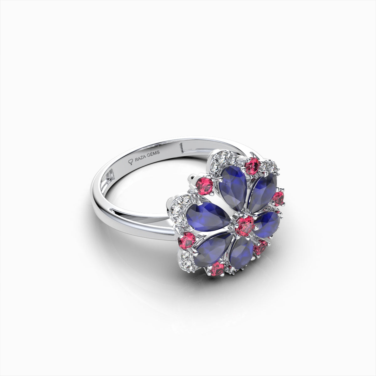 Darcie - Blue Sapphire, Ruby & Moissanite Floral Ring in 18K Gold