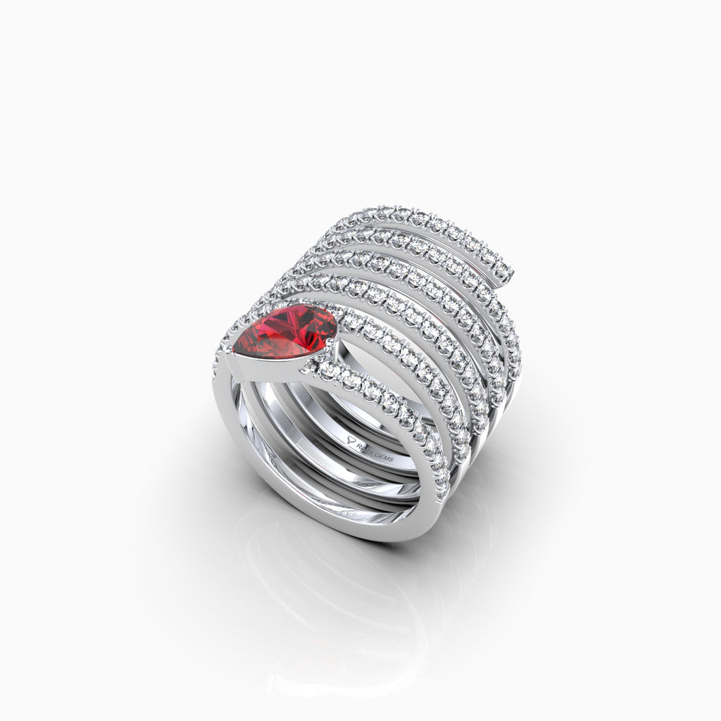 Ariella - Pear Ruby & Moissanite Multi-Band Spiral Ring in 18K Gold
