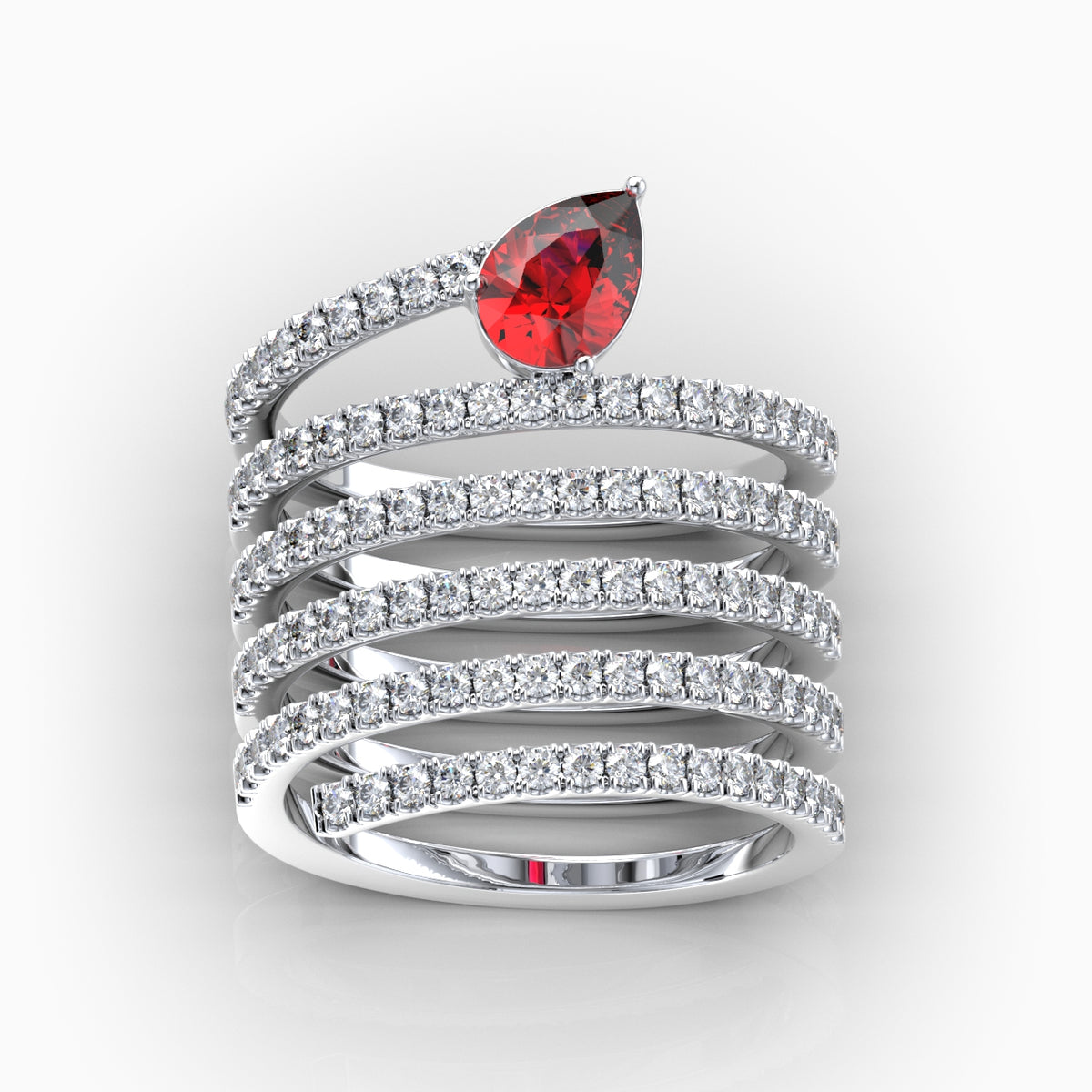 Ariella - Pear Ruby & Moissanite Multi-Band Spiral Ring in 18K Gold