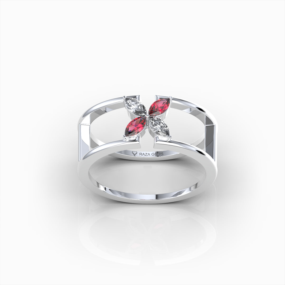 Ottilie - Open Double Band Ruby & Moissanite Blossom Ring in 18K Solid