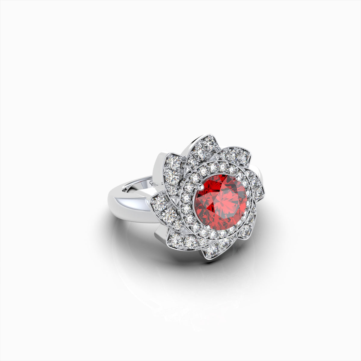 Rosie - 18K Gold Floral Lotus Ruby Ring with Moissanite Halo | Available in Yellow, White & Rose Gold